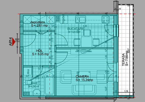 Suprafață construită 46,65 mp + suprafața balcon 7,98 mp