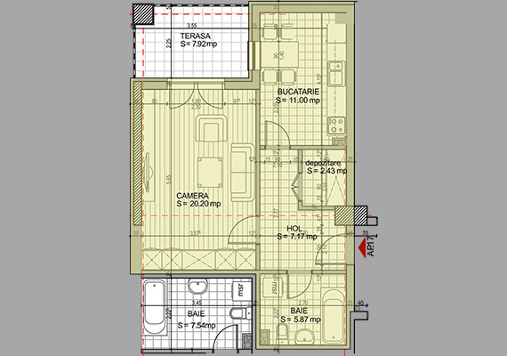 Suprafață construită 57,87 mp + suprafața balcon 7,92 mp