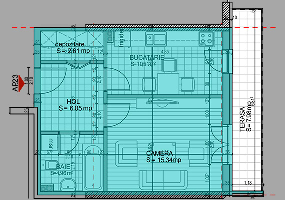 Suprafață construită 46,65 mp + suprafața balcon 7,98 mp