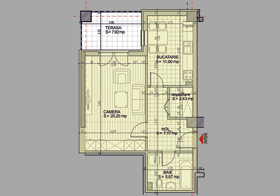 Suprafață construită 57,87 mp + suprafața balcon 7,92 mp