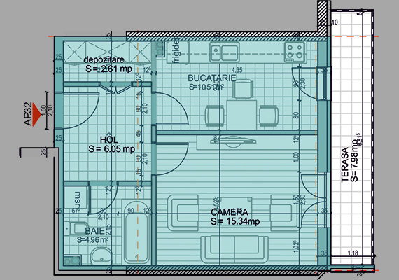 Suprafață construită 46,65 mp + suprafața balcon 7,98 mp