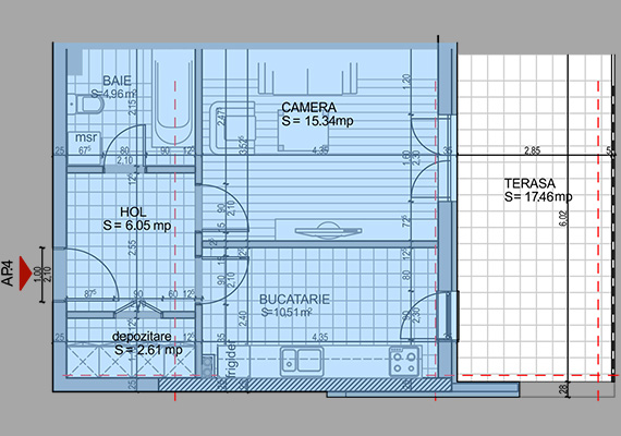 Suprafață construită 48,43 mp + suprafața balcon 17,46 mp