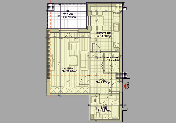 Suprafață construită 57,87 mp + suprafața balcon 7,92 mp