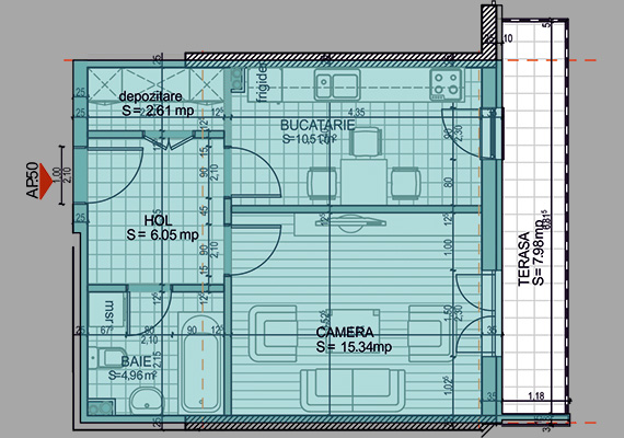 Suprafață construită 46,65 mp + suprafața balcon 7,98 mp