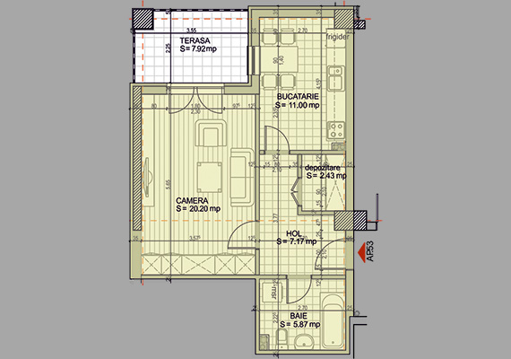 Suprafață construită 57,87 mp + suprafața balcon 7,92 mp