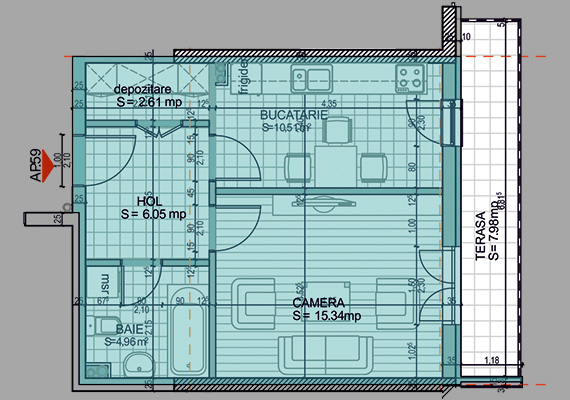 Suprafață construită 46,65 mp + suprafața balcon 7,98 mp