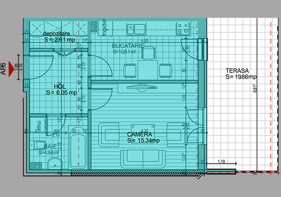 Suprafață construită 46,65 mp + suprafața balcon 19,66 mp