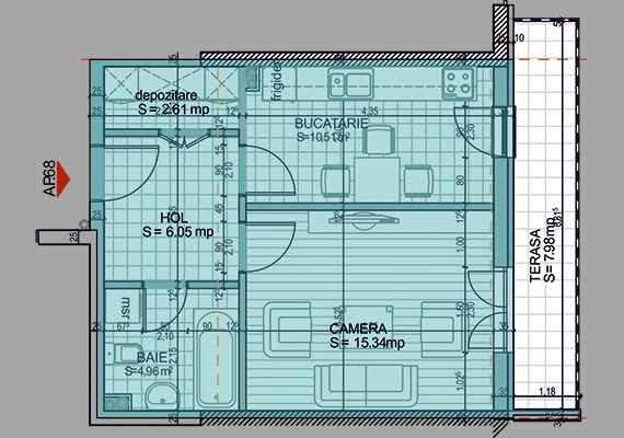 Suprafață construită 46,65 mp + suprafața balcon 7,98 mp